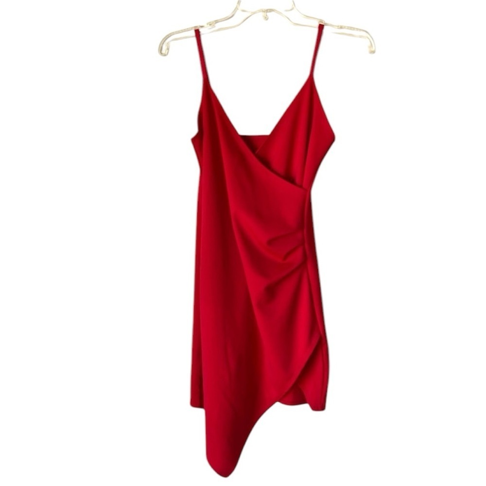 Cheryl Creations Y2K Asymmetric Hem Faux Wrap Dress  Bodycon Red S